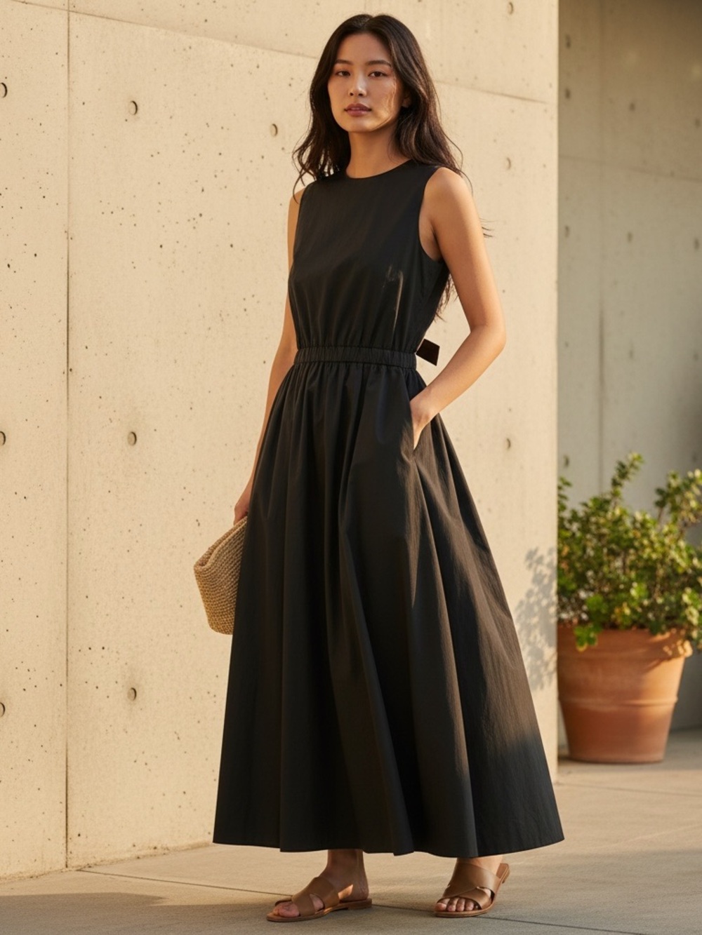 Reformation Inspired Poplin Organic Cotton Maxi Dress NeckTie Exposed Back Black
